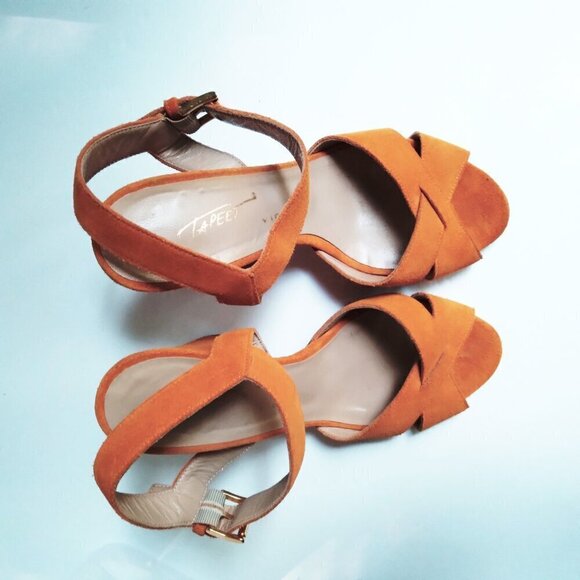 Tapeet Vicinni Orange Suede Ankle Strap Peep Toe Block Heel  Sandals Sz 7 - Picture 2 of 10